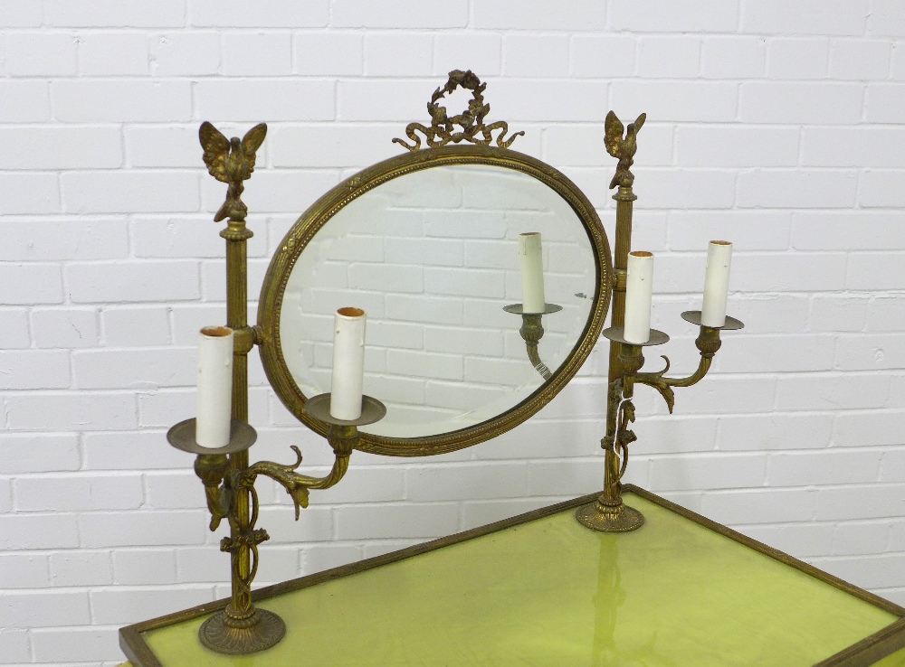 Vintage dressing table, pine base with brass mounted mirror and candelabra, fabric covered drapes, - Image 2 of 3