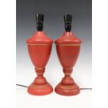 Pair of red & gilt baluster table lamps, 39cm (2)