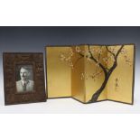 Chinese carved wooden photograph frame with good luck symbols, 20 x 25cm, together with a small