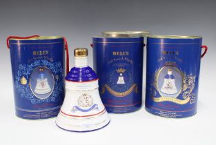 Three Bell's Old Scotch Whisky commemorative Royal Decanters, celebrating the births of Princess