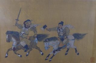 Asian School textile painting of two warriors on horseback, framed under glass within a