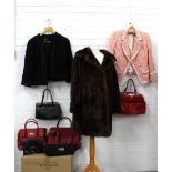 Vintage fur coat, together with two jackets and a collection of fashion handbags (a lot)