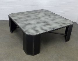 Large metal coffee table, glass square top with canted edges 120 x 46cm.