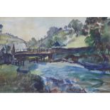 Archie Hendry, watercolour of a bridge and river scene, framed under glass with a label of