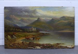 Scottish School oil on canvas of a loch with castle ruin, cattle and paddle steamer, apparently