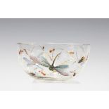 Glass bowl painted in coloured enamels with a dragonfly and other insects, 6 x 13cm