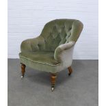 19th century green upholstered buttonback armchair, mahogany legs with ceramic castors, 68 x 85 x