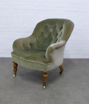 19th century green upholstered buttonback armchair, mahogany legs with ceramic castors, 68 x 85 x