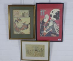 Three Japanese coloured prints to include Kunichika and two others, all framed under glass,