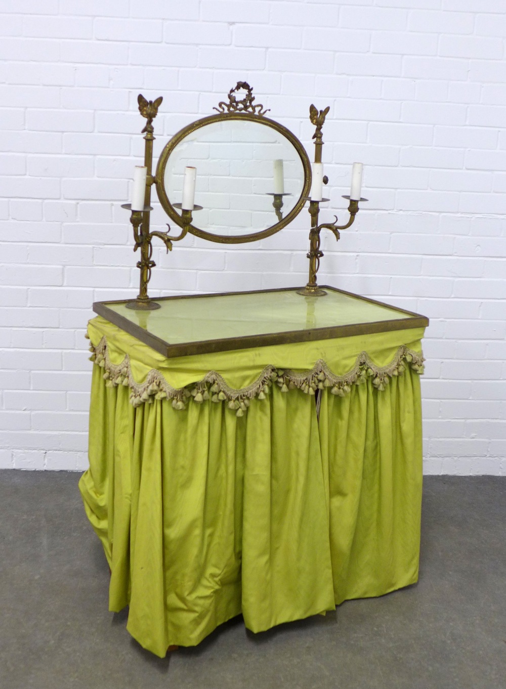 Vintage dressing table, pine base with brass mounted mirror and candelabra, fabric covered drapes,