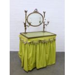 Vintage dressing table, pine base with brass mounted mirror and candelabra, fabric covered drapes,