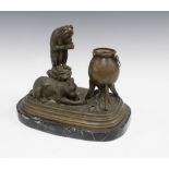 After Bonheur, a bronze group with cat, monkey and a three leg cauldron pot, on a hardstone base,