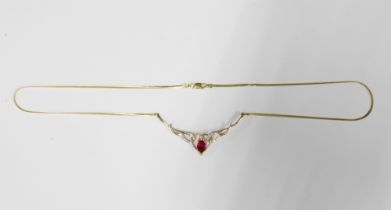 9ct gold ruby and diamond necklace, stamped 375