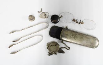 Two silver sugar tongs, silver thimble, silver heart padlock and an Epns chatelaine spectacles