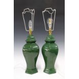 Pair of green glazed pottery table lamps, 42cm to top of fitting (2)