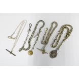 A collection of silver and white metal Albert watch chains, Sterling silver fob medallion and T-bars