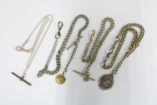 A collection of silver and white metal Albert watch chains, Sterling silver fob medallion and T-bars