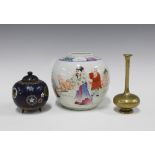 Chinese ginger jar, 12cm, together with a small bronze bud vase and a small cloisonne jar and