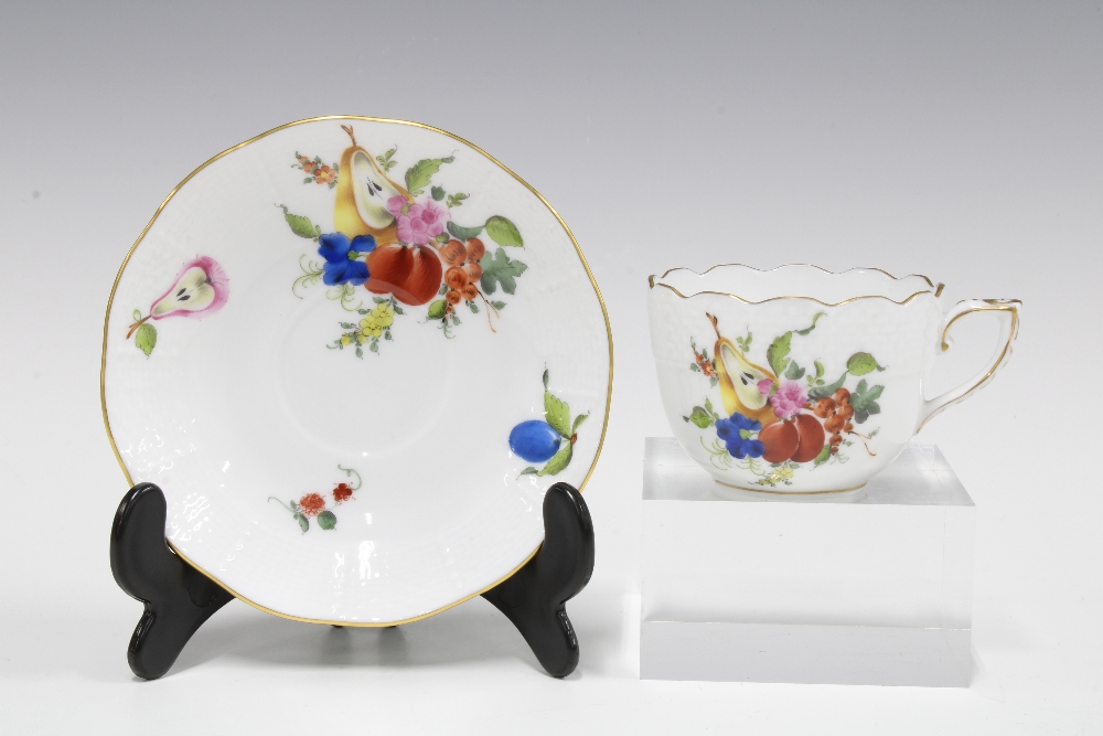 Three Herend floral painted cups and saucers to include a Meissen style pattern of sliced fruit, etc - Image 3 of 4