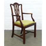 Mahogany Chippendale style open armchair with slip in seat, 57 x 104 x 48cm.