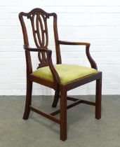 Mahogany Chippendale style open armchair with slip in seat, 57 x 104 x 48cm.