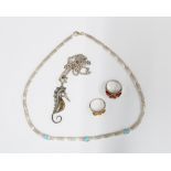 Silver jewellery to include a seahorse pendant on chain, silver necklace with turquoise cabochons