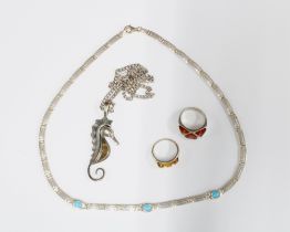 Silver jewellery to include a seahorse pendant on chain, silver necklace with turquoise cabochons