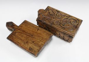 Carved wooden spice box, rectangular form with a swing lid, 27 x 14cm and another of plain form (2)