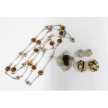 Scottish silver and tigers eye brooch, Edinburgh 1986, necklace and costume jewellery earrings (a