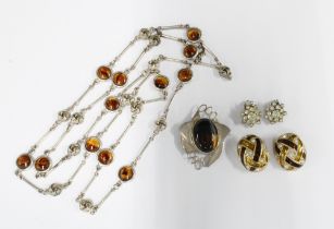 Scottish silver and tigers eye brooch, Edinburgh 1986, necklace and costume jewellery earrings (a