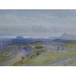 R.B Johnson, watercolour of two figures on the Braid Hills, Edinburgh apparently playing golf,