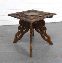 Small Chinese carved stand / table, on dragon supports 30 x 30cm.