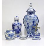 Collection of blue and white pottery, including a Delft jar and cover, 38cm (6)