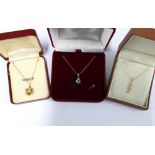 14ct gold pendant necklace and two 9ct gold pendant necklaces and a single stud earring