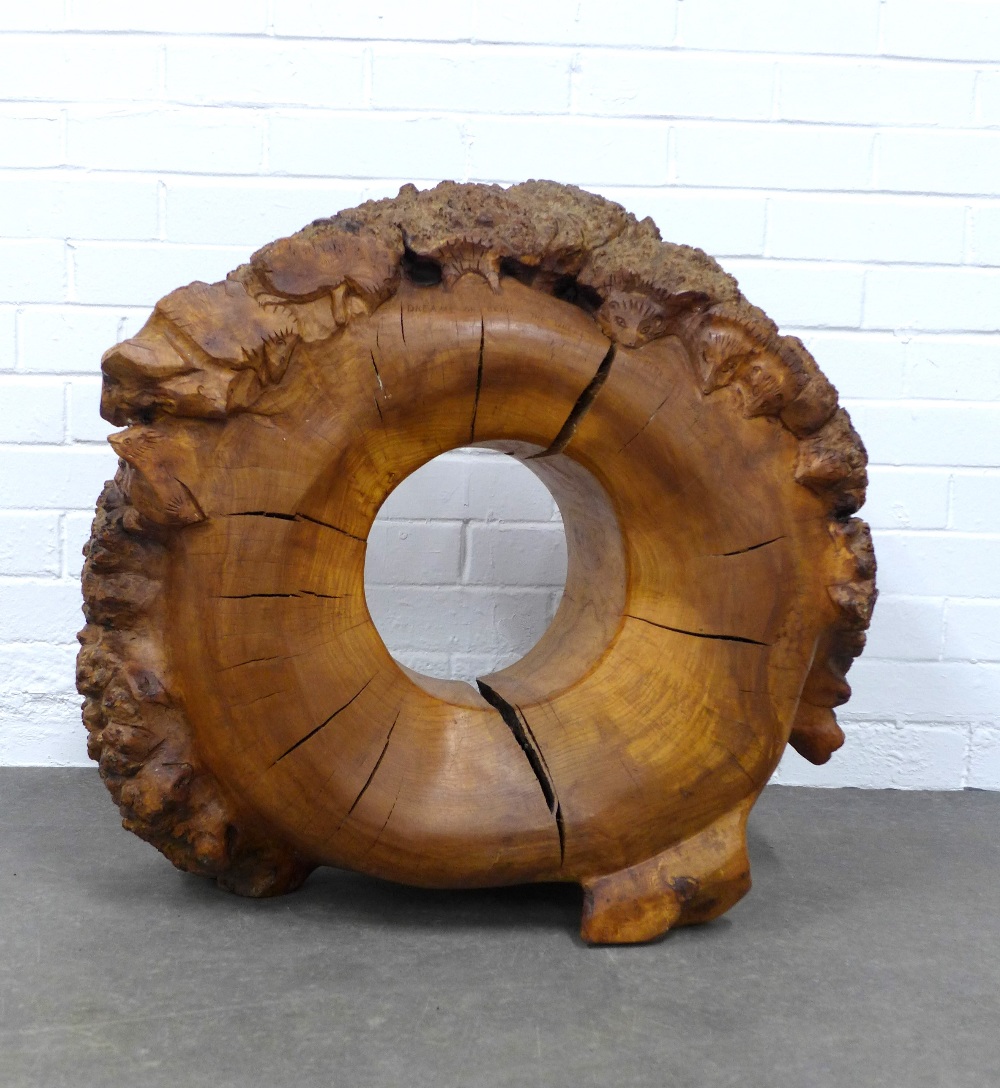 'Dreams of Being The Wheel' hedgehog carved burr wood, singed with a monogram and dated 2003, 75 x