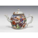 Qing Dynasty famille rose teapot, painted with mandarin figures, bamboo moulded spout and handle,