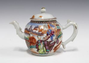 Qing Dynasty famille rose teapot, painted with mandarin figures, bamboo moulded spout and handle,
