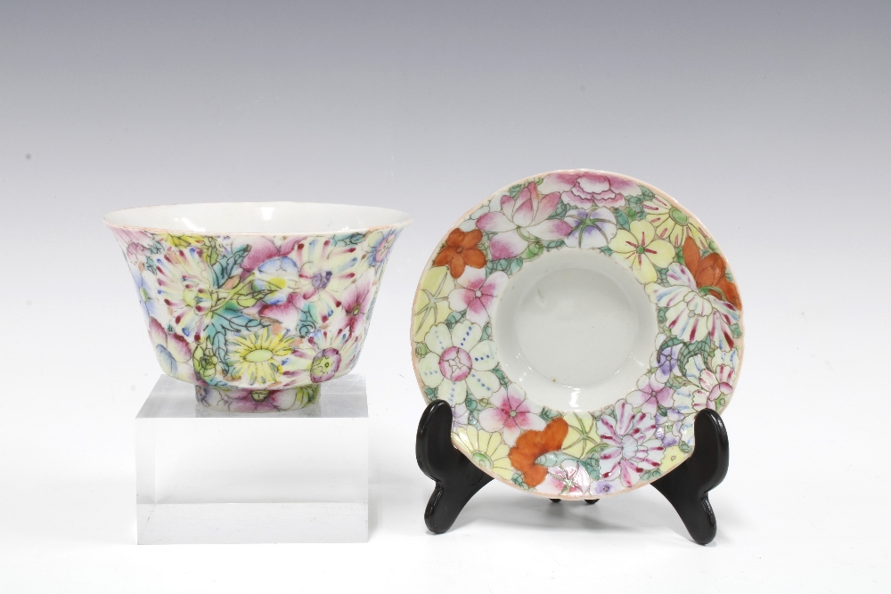 Collection of Chinese mille fleur porcelain, including three tea bowls and six saucers, five spoons, - Image 4 of 4