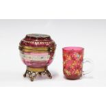 Bohemian enamelled cranberry glass trinket pot with lid and gilt metal fittings, 8cm, together