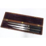 19th Century brass bound mahogany cased set of Edinburgh Surgeon knives, containing a graduates
