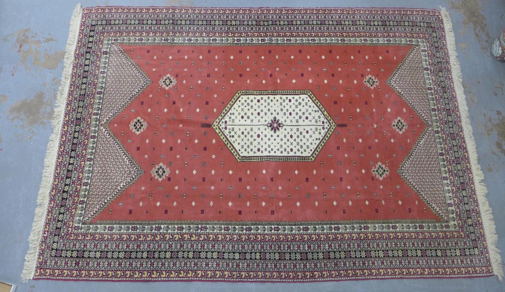 20th century Moroccan carpet / large rug, rose field with an hexagonal medallion in ivory,