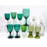 Collection of glass ware, including two decanters (taller 21cm) green glasses, and two grape