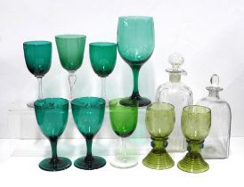 Collection of glass ware, including two decanters (taller 21cm) green glasses, and two grape