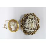 9ct gold framed shell cameo brooch together with a larger shell cameo of three classical figures