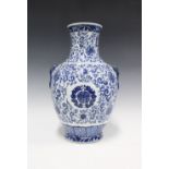 Chinese blue and white baluster vase, ring handles to side and allover foliate pattern with shou