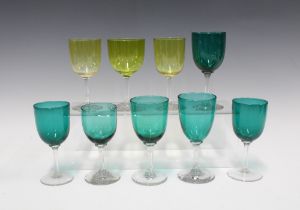 Collection of coloured wine glasses, to include six green and three yellow, tallest 13cm (9)