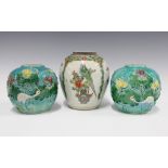 Pair of Chinese relief glazed jars in the Wang Bing Rong style, decorated vases with cranes and