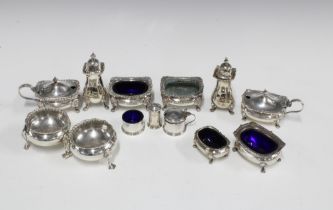 Quantity of silver and silver plated condiments to include a pair of Georgian style salts, London