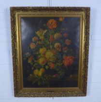 After Rachel Ruysch, still life vase of flowers, Oiliograph, in a moulded gilt frame, 56 x 70cm