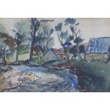 Archie Hendry, watercolour of a country dwelling and river scene, framed under glass with a label of